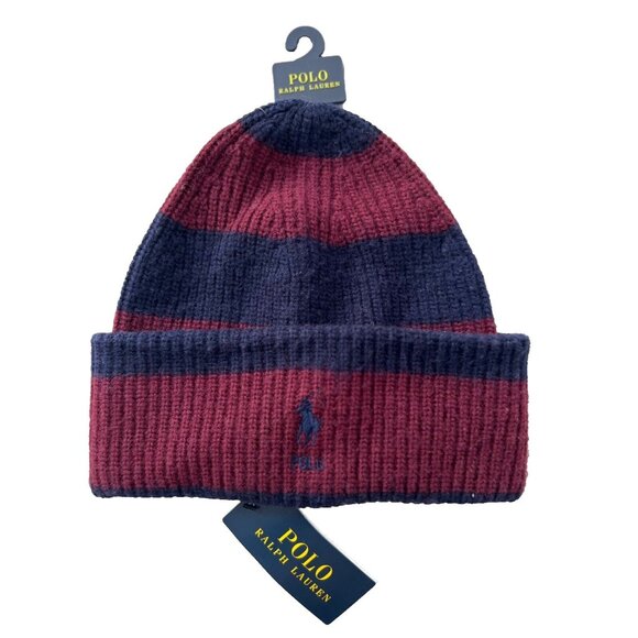 Polo Ralph Lauren Knit Cuff Striped Beanie Hat Navy Burgundy